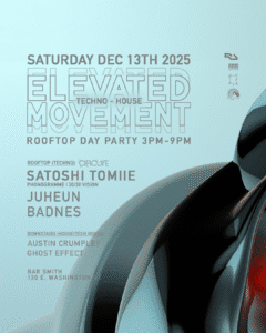 Electro house DJ Satoshi Tomie performing at a rooftop techno music party in Phoenix, AZ.