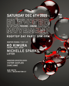 Vibrant nightclub flyer promoting Elevated Movement featuring techno and house music, rooftop day party with DJs.